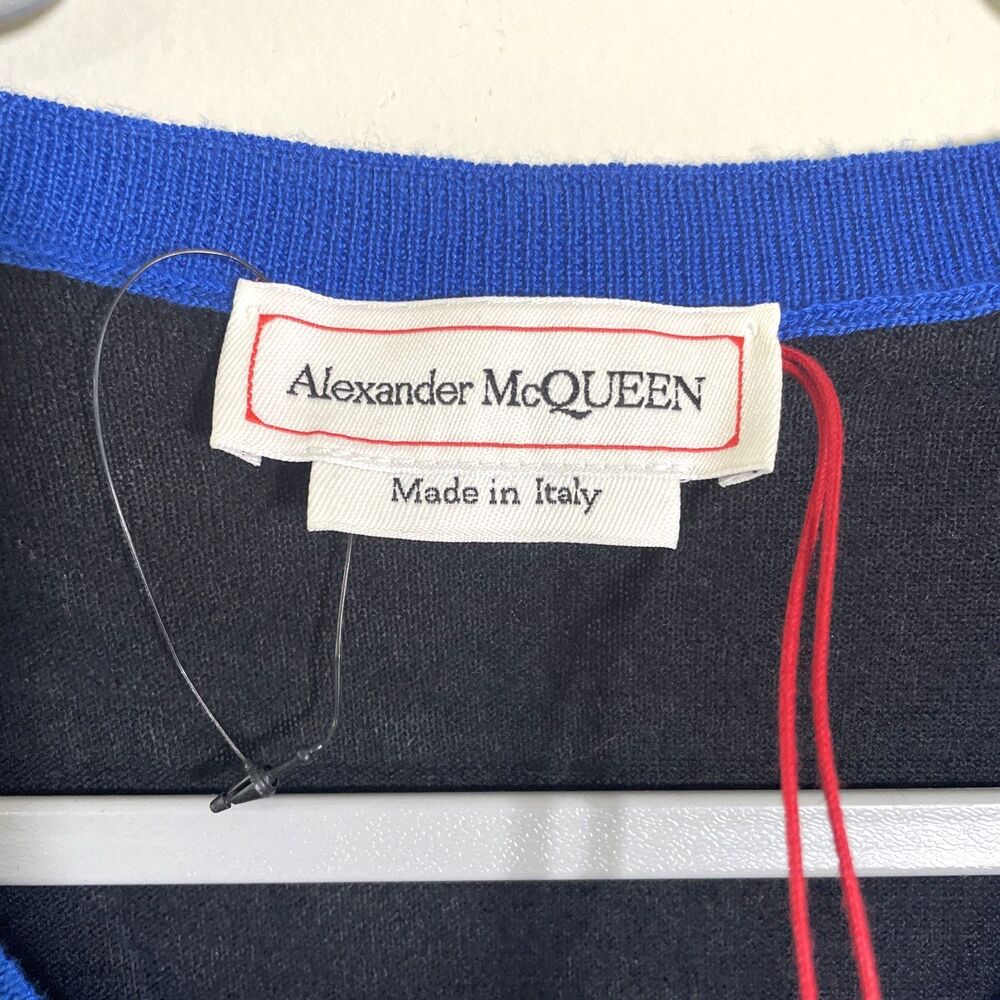 Alexander McQueen Women's Blue Black V-Neck Cashmere Sweater Size XL Made Italy - Picture 3 of 8